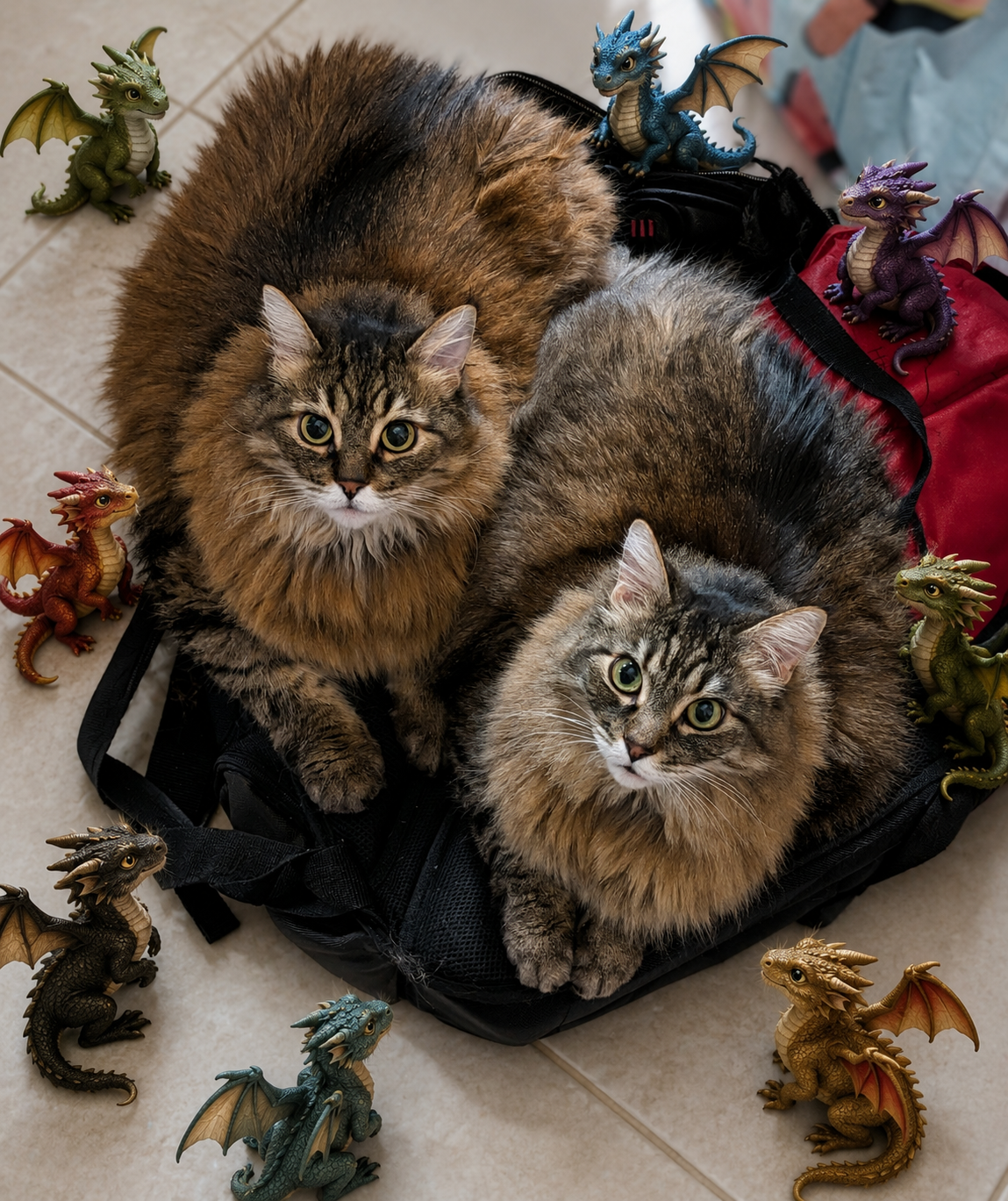 Two cats on a bag, surrounded by small dragons